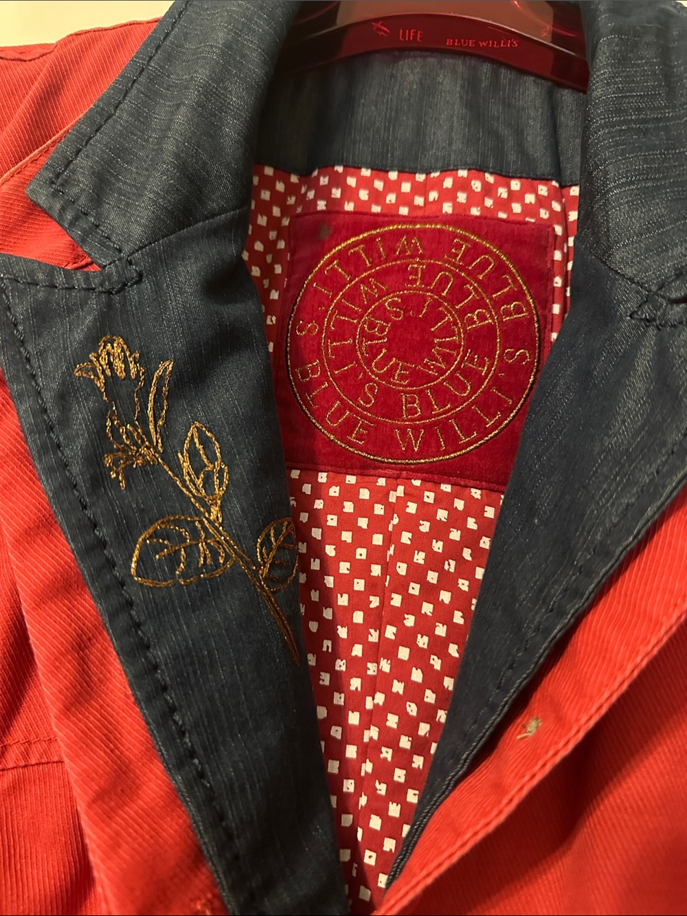 Insulated Blue Willli's Red Jacket with Denim Embroidered Collar